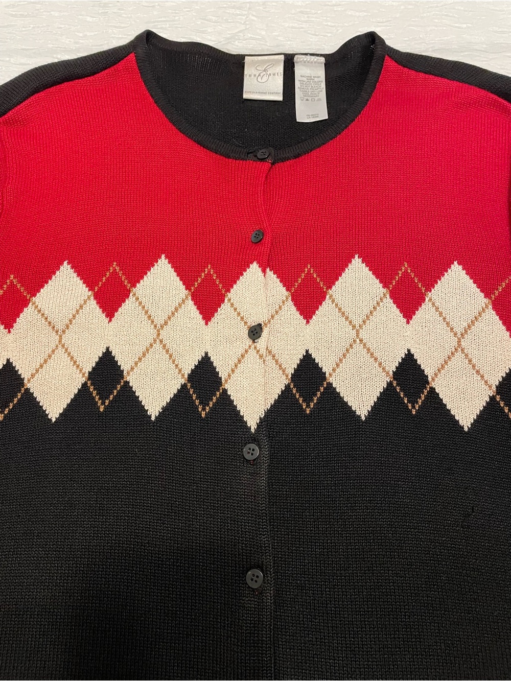 Gorgeous Emma James Red, Black and Cream Argyle Button-Front Cardigan - Picture 2 of 6
